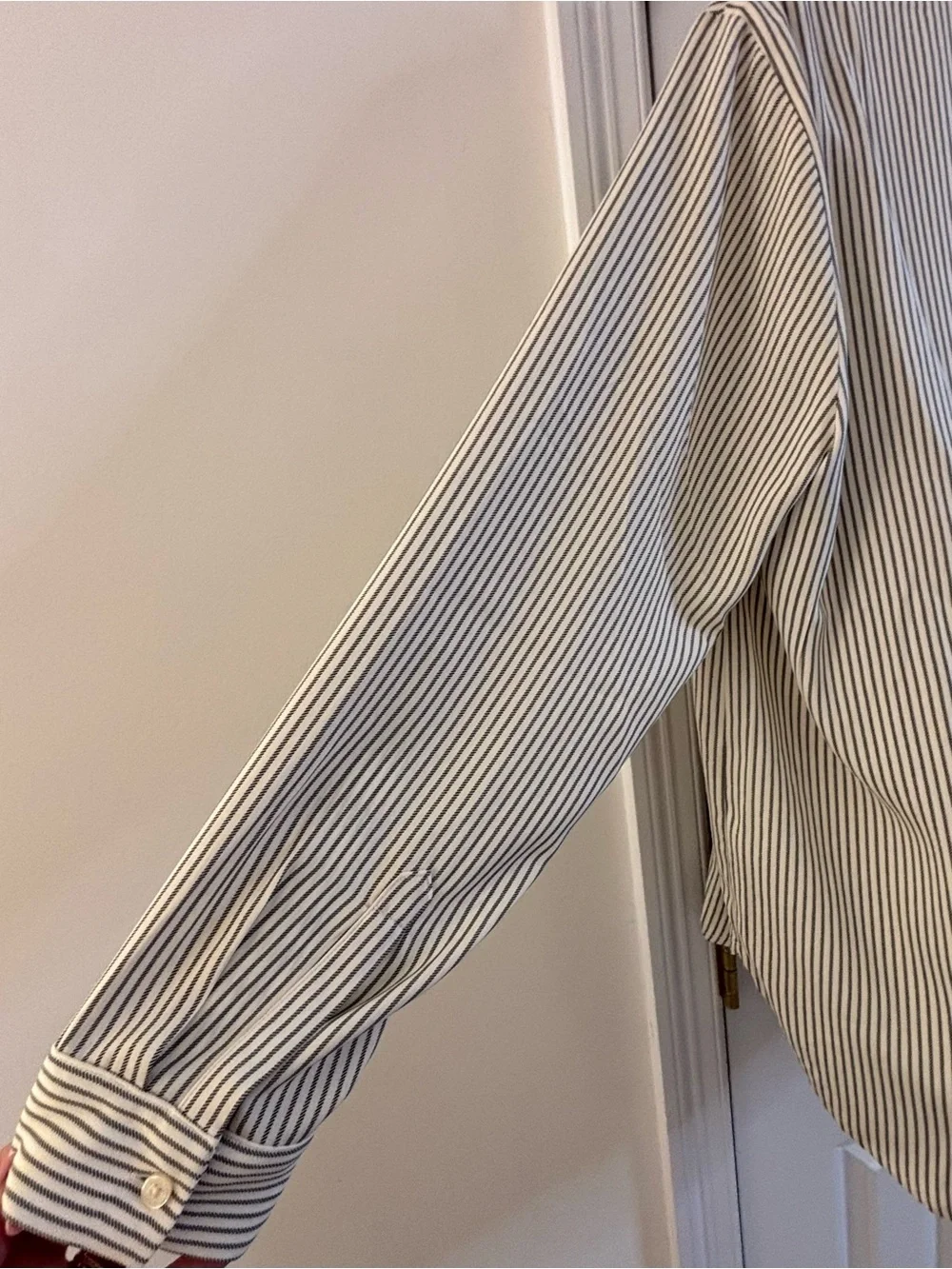 Michael Kors Cream Black Pinstripe Button-Up Shirt XL Gold Details Quiet Luxury